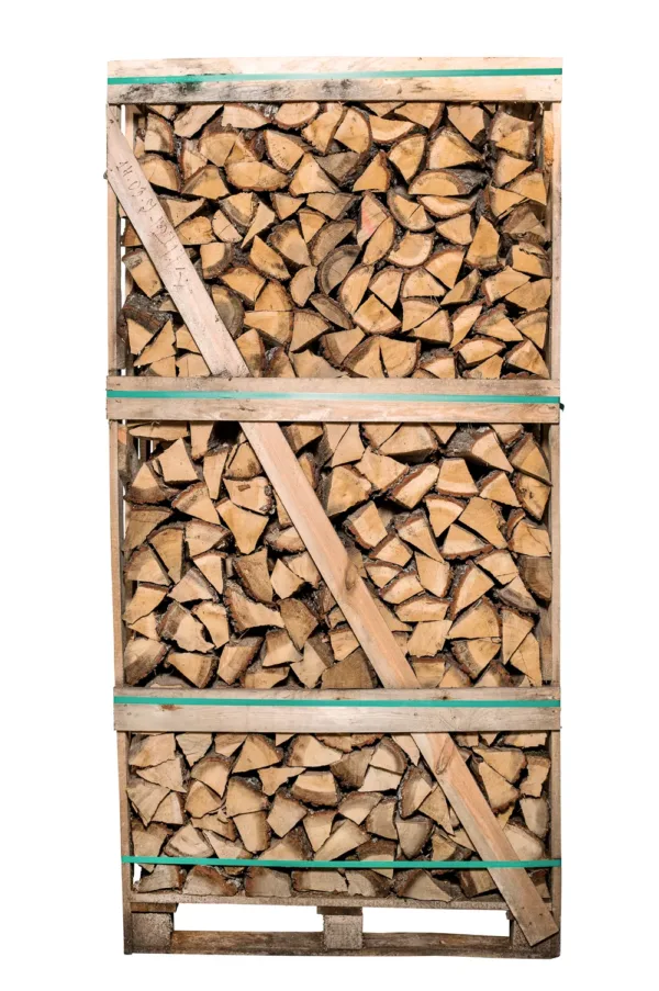 Caisse palette de bûches de chêne, vue de face sur trois niveaux — bois de chauffage chêne 50 cm, 2 stères