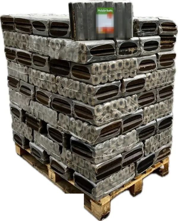 Palette de packs de briquettes à trou central, vue de trois quarts