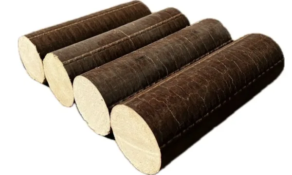 Quatre briquettes cylindriques alignées, gros plan — briquettes de bois dur hêtre, pack de 10 kg
