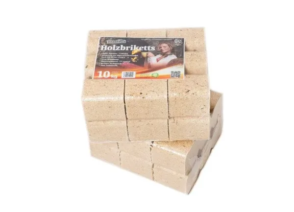 Deux packs de briquettes rectangulaires présentés avec leur étiquette — briquettes de bois résineux, pack de 10 kg