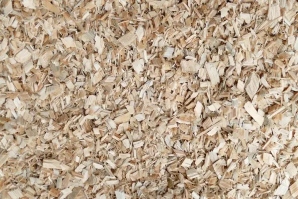 Plaquettes de bois fines et claires, vue rapprochée — plaquettes de bois de chauffage sans écorce, en vrac, quantité au choix